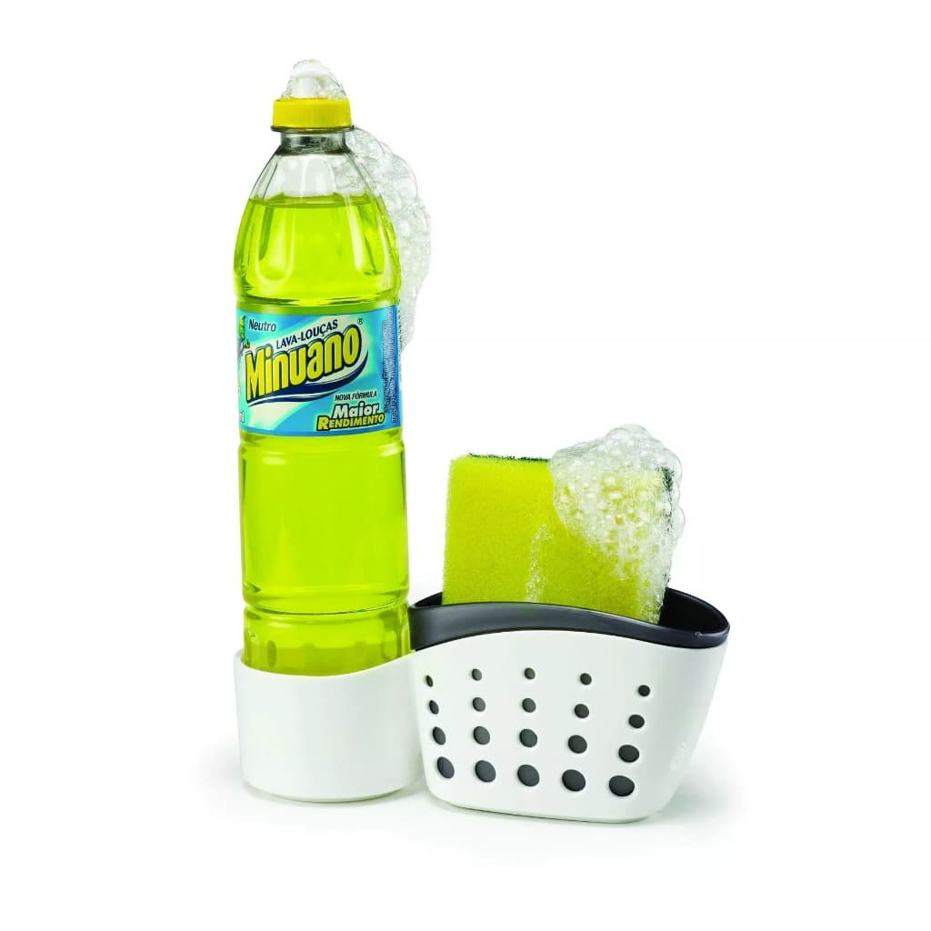 Porta Detergente e Esponja Organizador de Pia Fino Compacto Branco e Cinza Suporte Bucha Cozinha Arthi