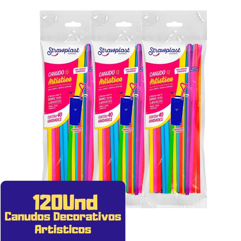 Canudos Decorativos p/ Festas e Drinks – Kit com 120 Unidades Cores Sortidas