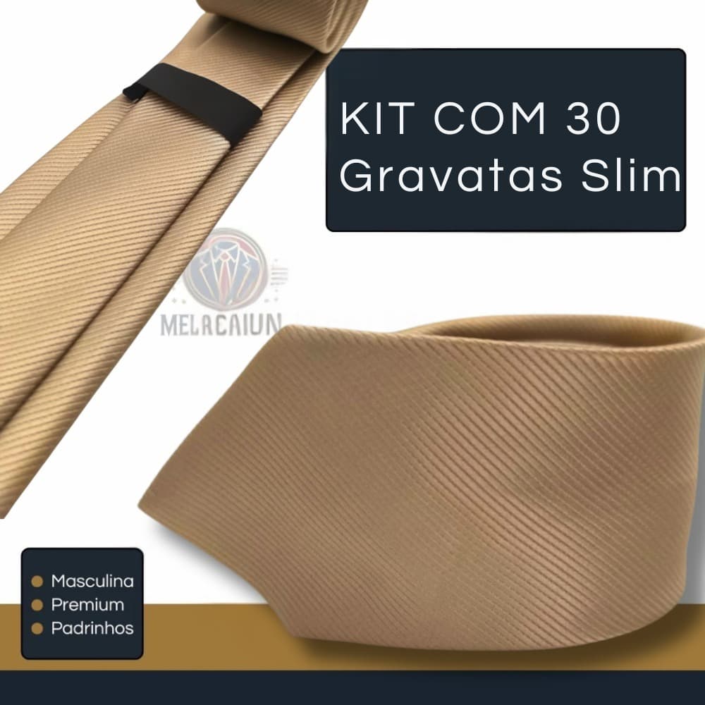Kit 30 Gravatas Masculinas Slim Poliéster