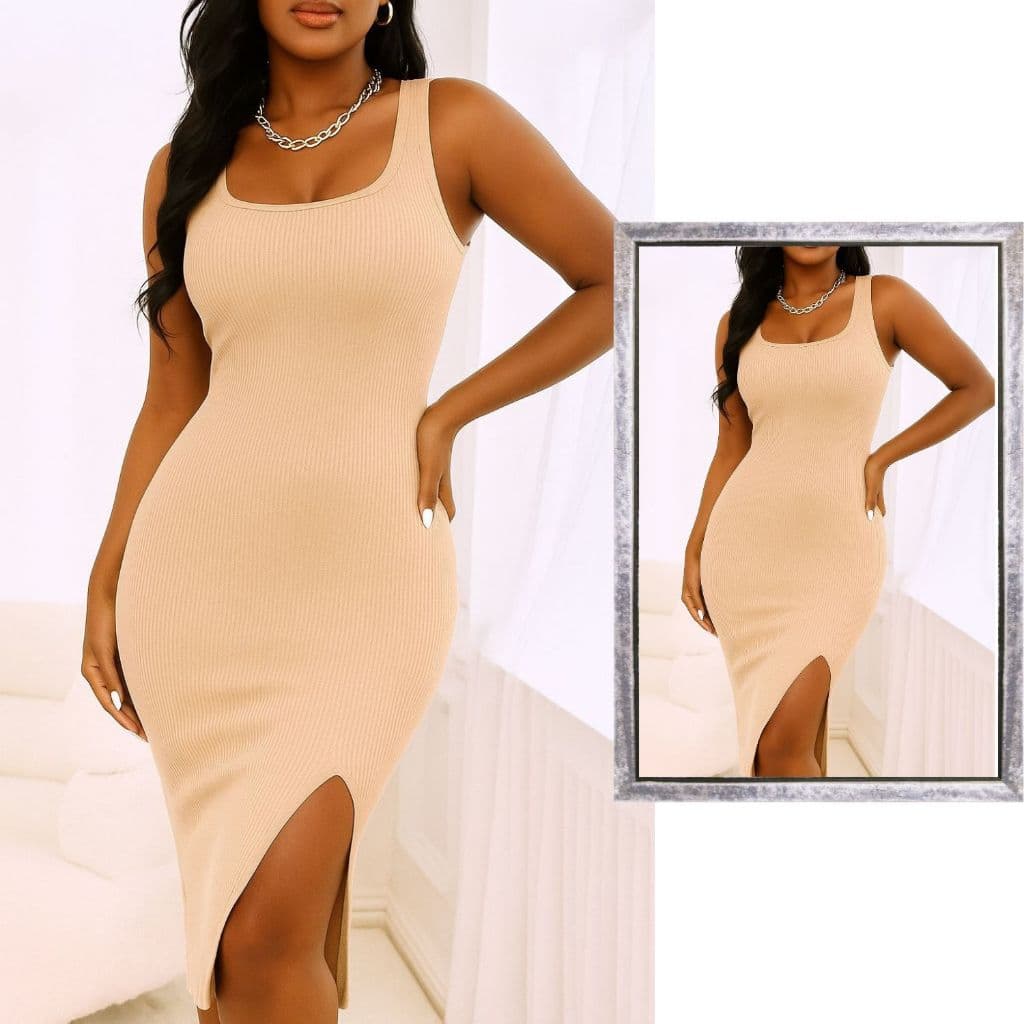 Vestido Feminino Midi Canelado Casual Gringa Tubinho com Fenda Lateral