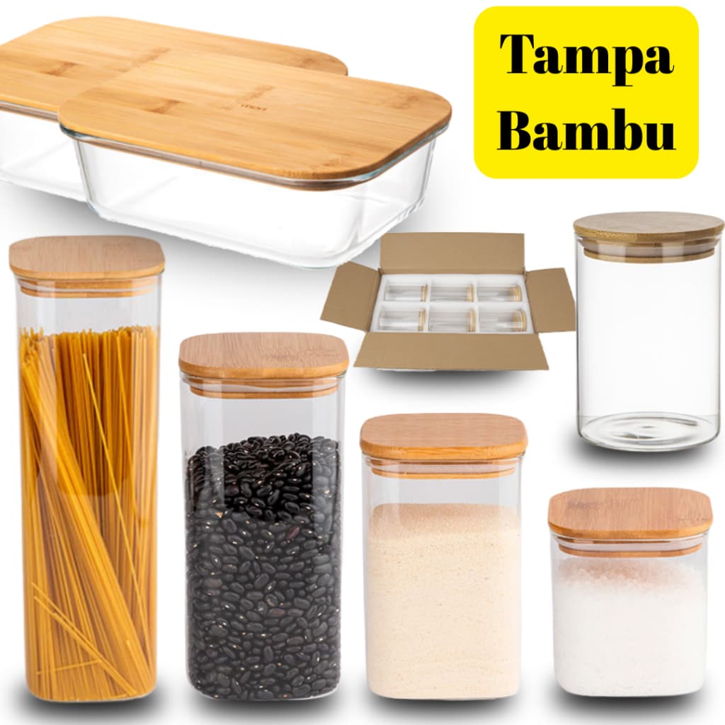 Potes De Vidro Vários Tamanhos Quadrado Redondo Retangular com Tampa de Bambu Hermético Vedação Silicone
