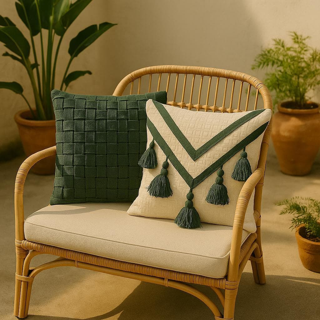 Capa de Almofada 45x45cm – Boho Verde em Algodão, Artesanal com Tranças Macramê