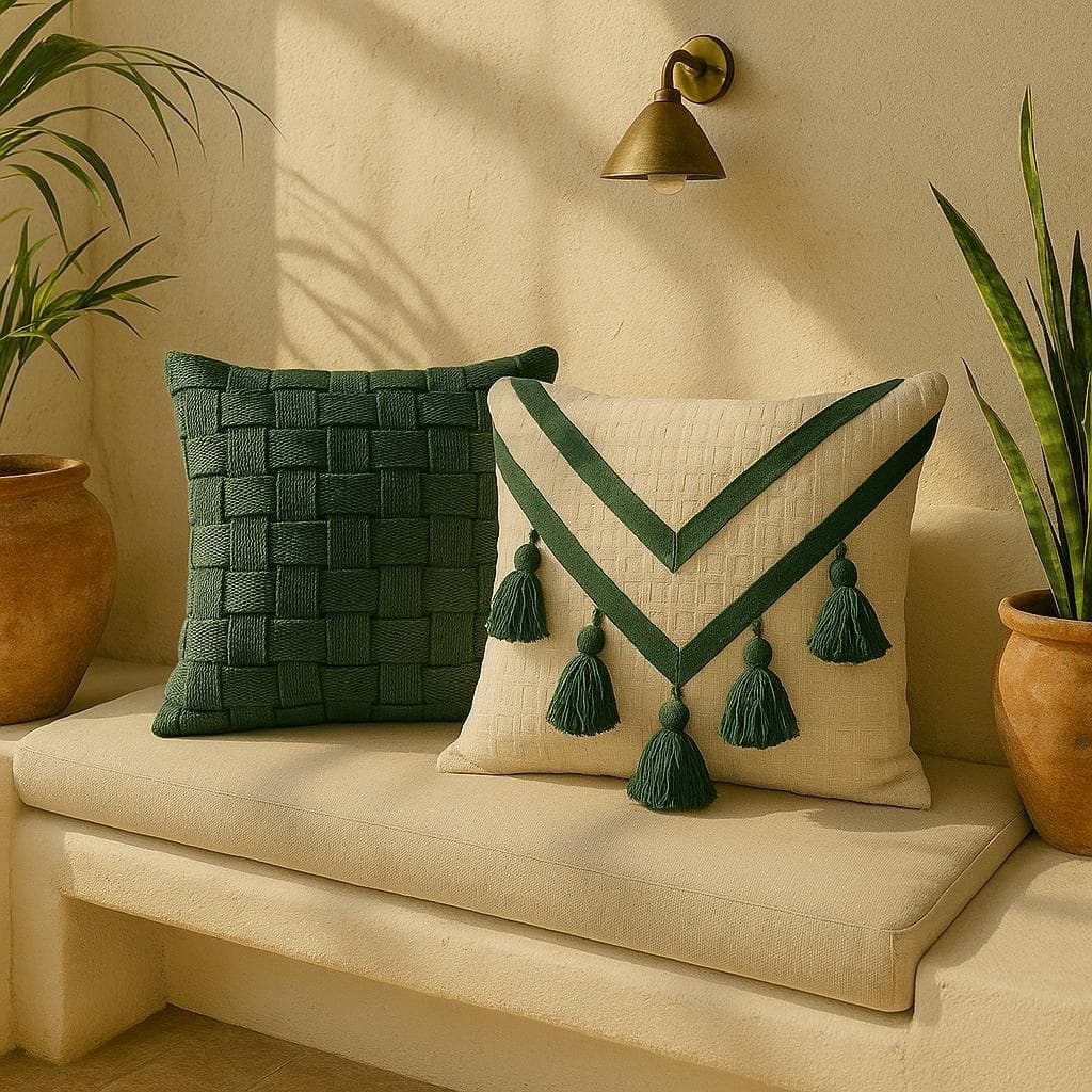 Capa de Almofada Boho 45x45cm – Macramê Trançado Verde Artesanal para Sofá