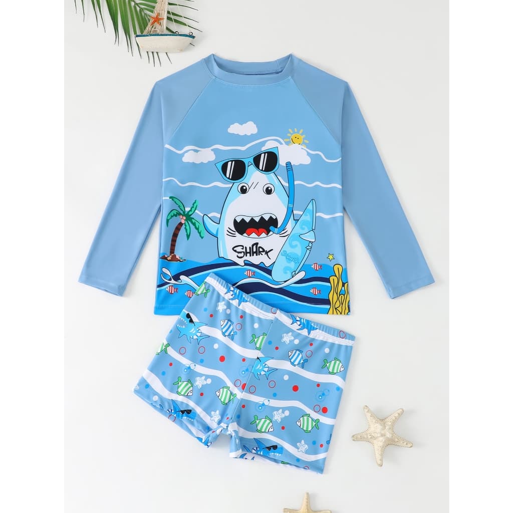 NB VEST Conjunto de Praia Masculino Infantil com Proteção UV e Estampa Divertida de Tubarão Surfista 2025 i3601
