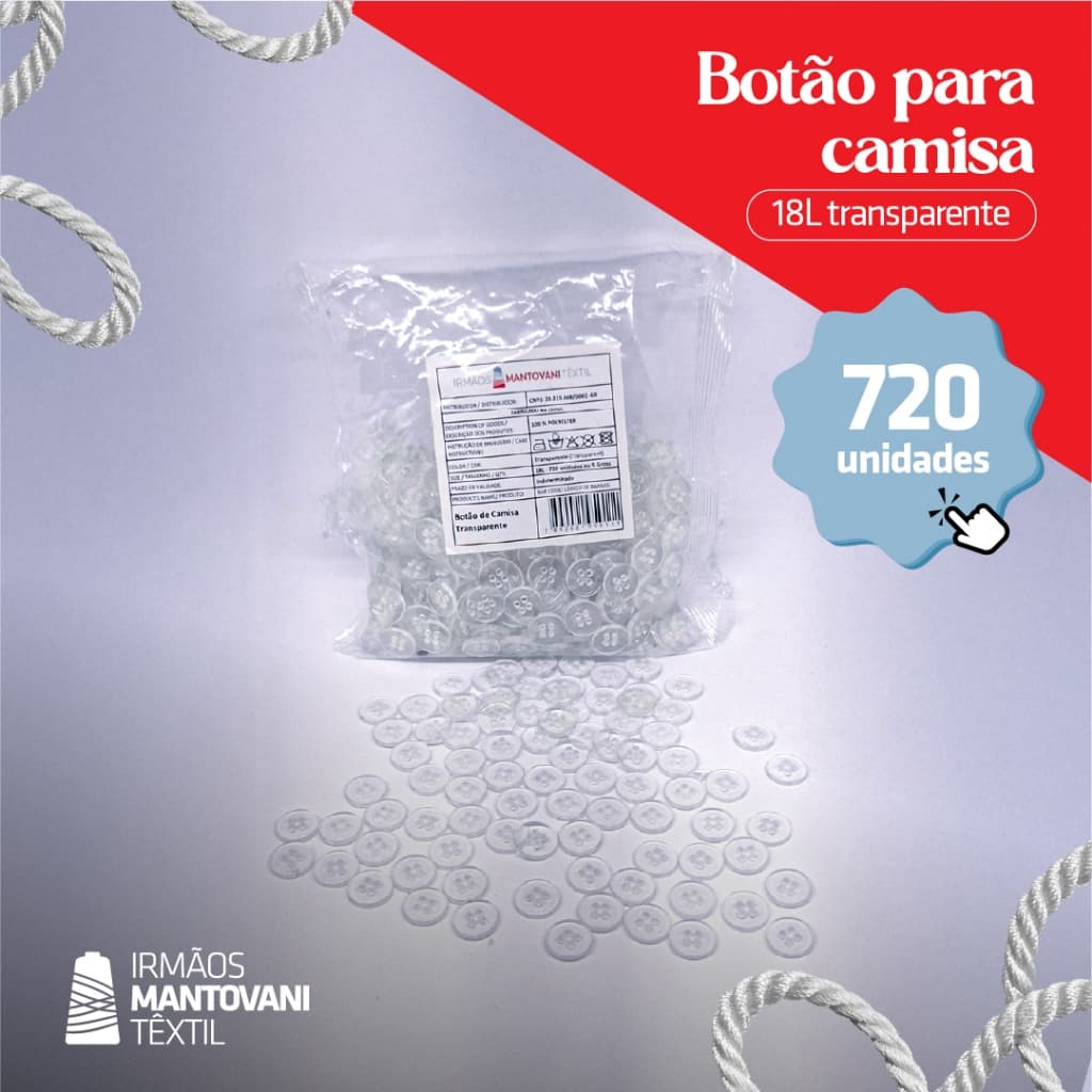 Botão para Camisa 18L Transparente – 4 Furos | Pacote 720un (5 Grossas)