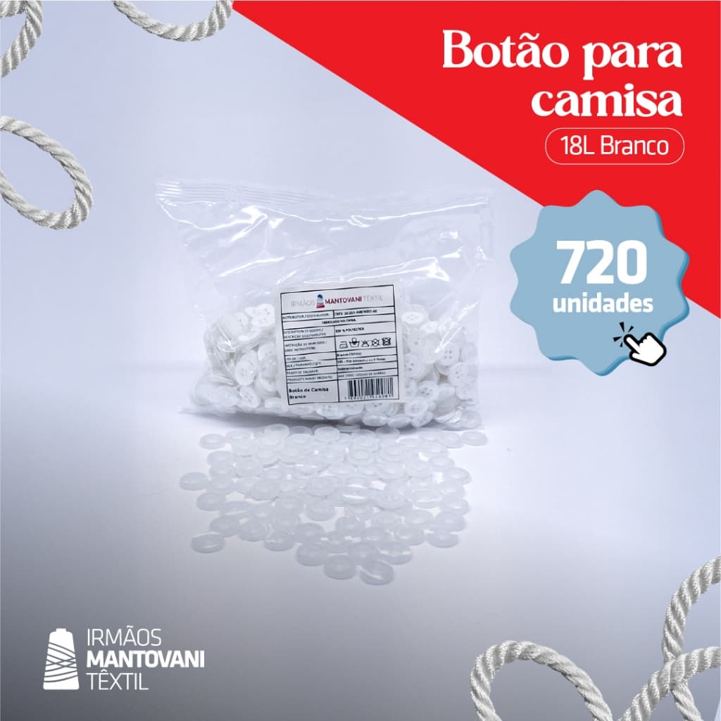 Botão para Camisa 18L Branco – 4 Furos | Pacote 720un (5 Grossas)