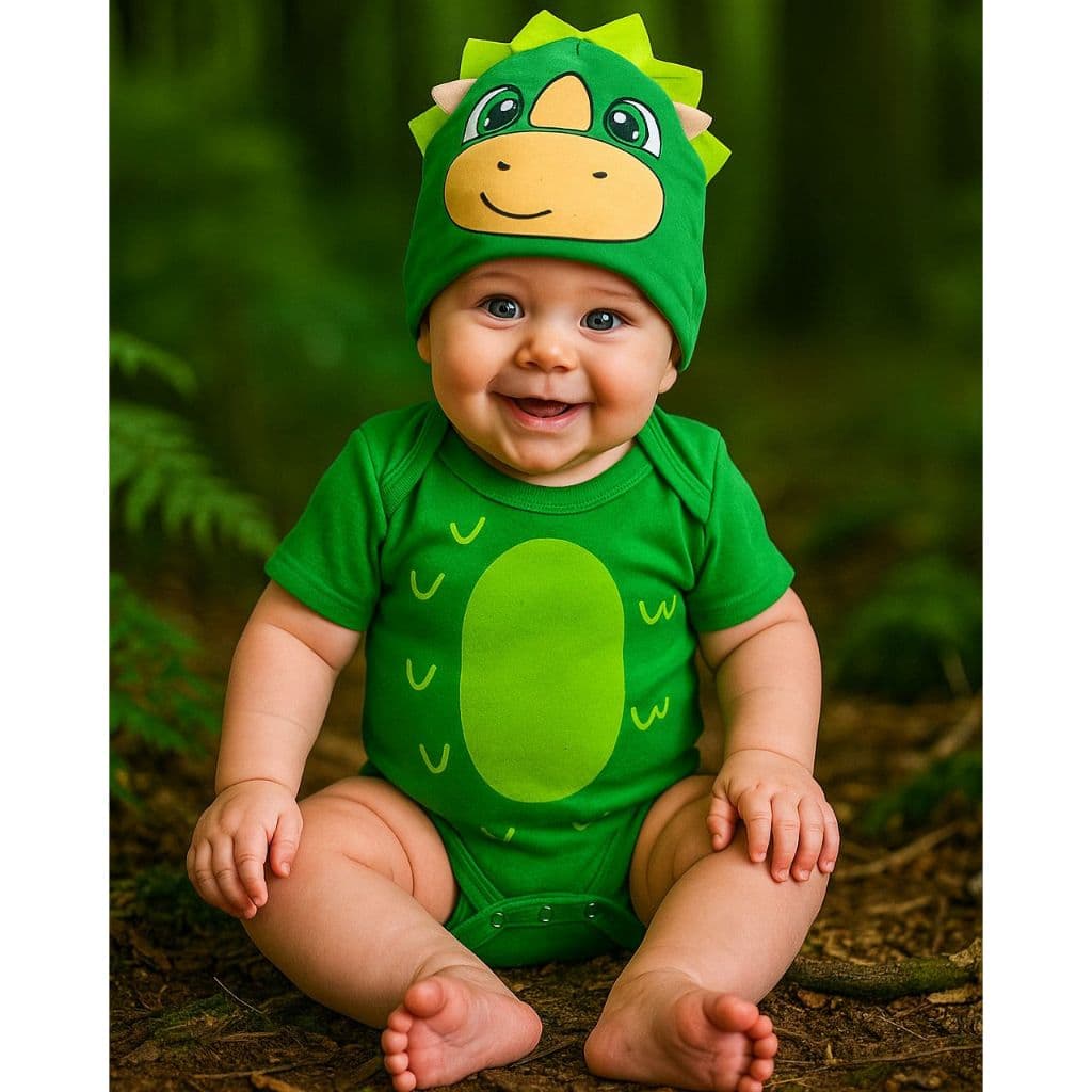 Body Temático Dinossauro Body Mesversário Dino Fantasia para bebê Roupa para bebê Body + Touca Bichinho Body Unissex