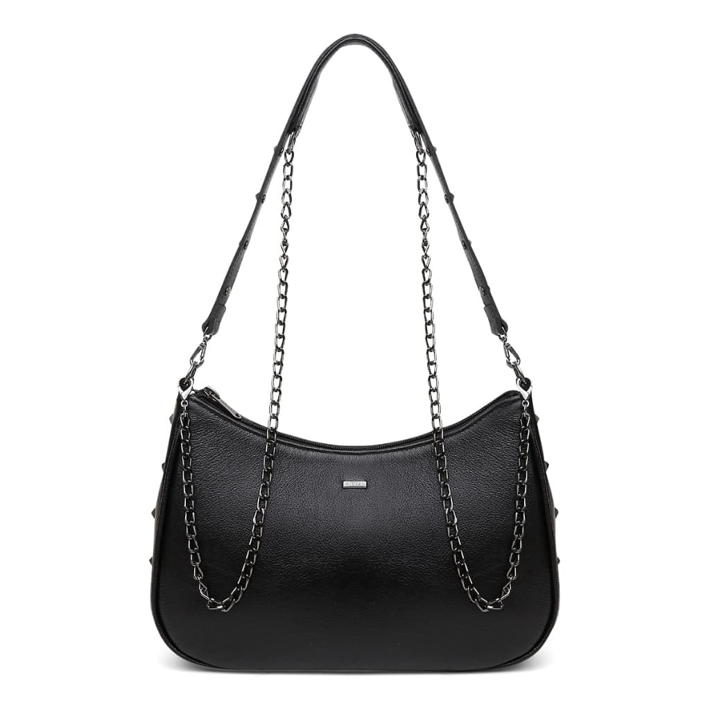 Bolsa Feminina Vittal Couro Legítimo Yara Versátil Metal Sparkle Alça Dupla Corrente Preta