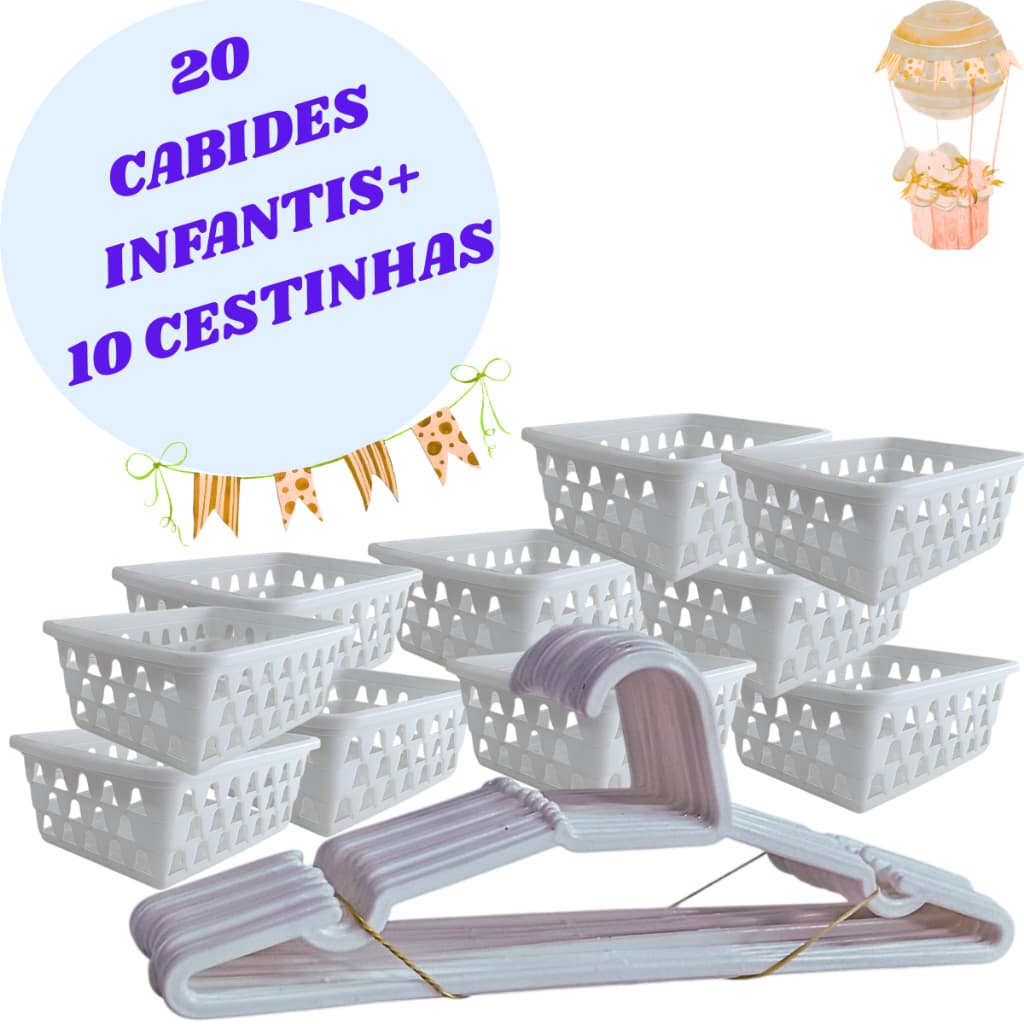 Cesto Organizador e Cabide infantil Kit 10 Cestinhas e 20 Cabides Branco Para Bebê Infantil Crianças