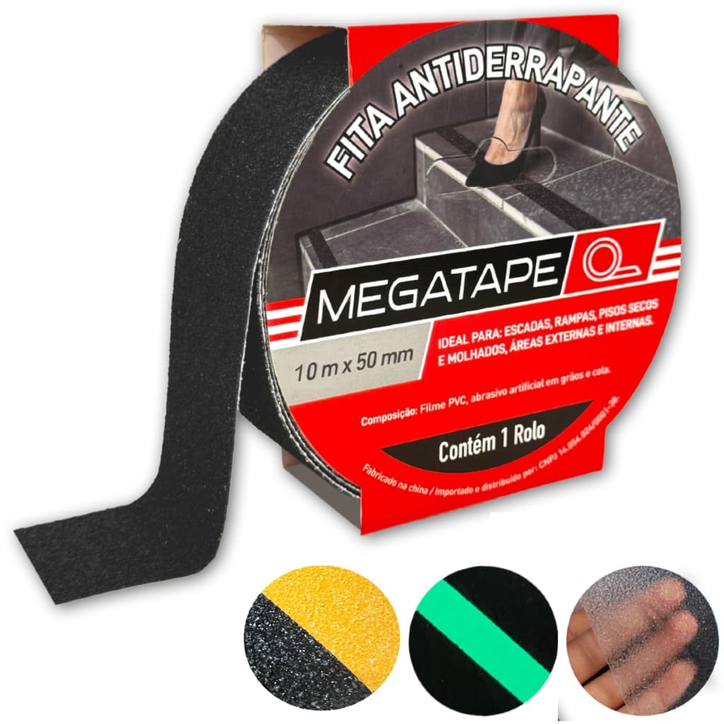 Fita Antiderrapante adesiva Megatape lixa escada rampa banheiro piso preta zebrada listrada neon transparente 10m 20m 30