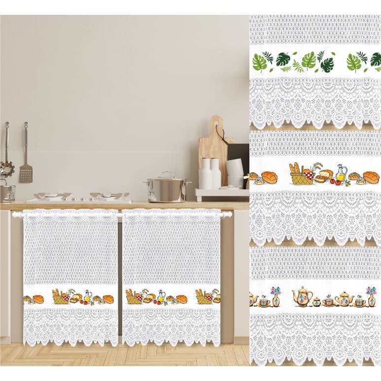 Cortina de Pia e Balcão Gourmet Renda Stilo Branca Estampa Pão Azeite / Café Bule Dourado/ Costela de Adão 1,60 X 0,80cm