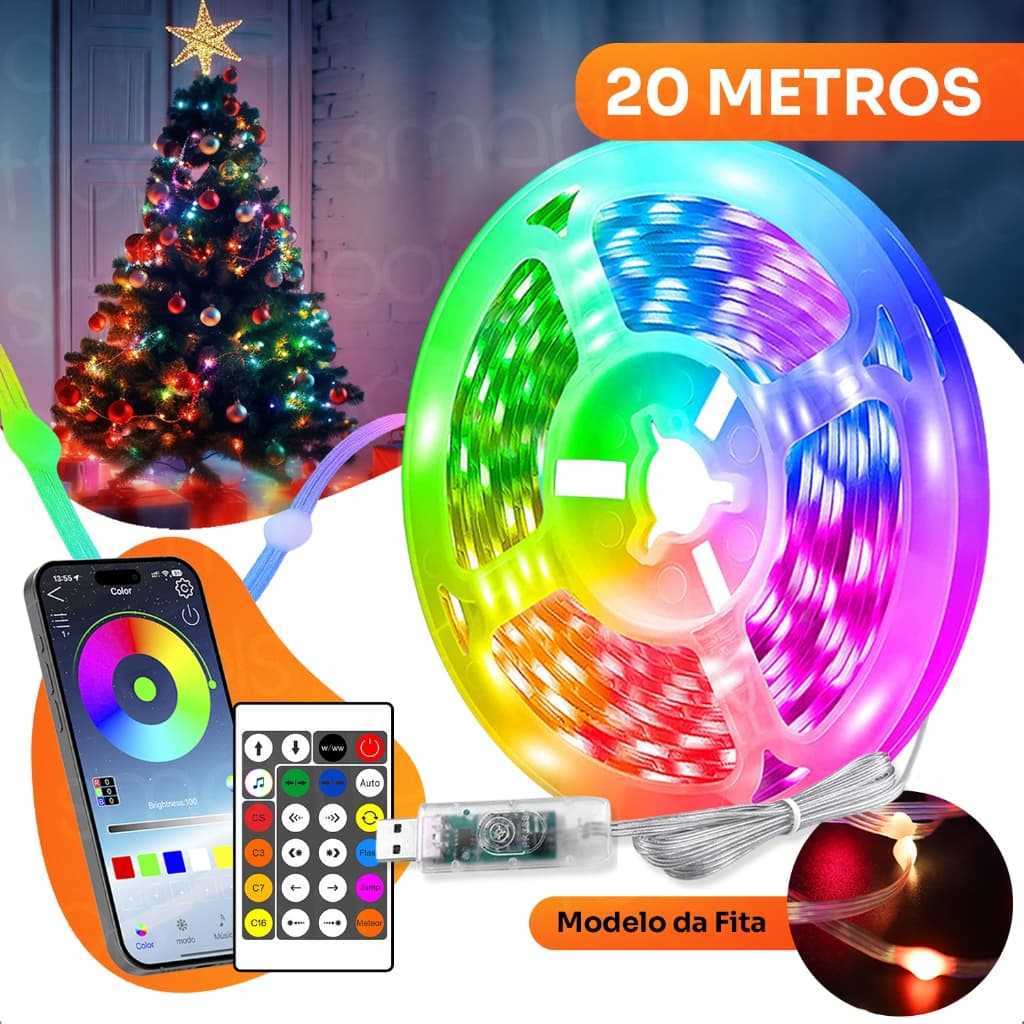 Fita Led Cordão 20 Metros Fio de Fada RGB Controle Remoto E Aplicativo Inteligente A Prova D'Água