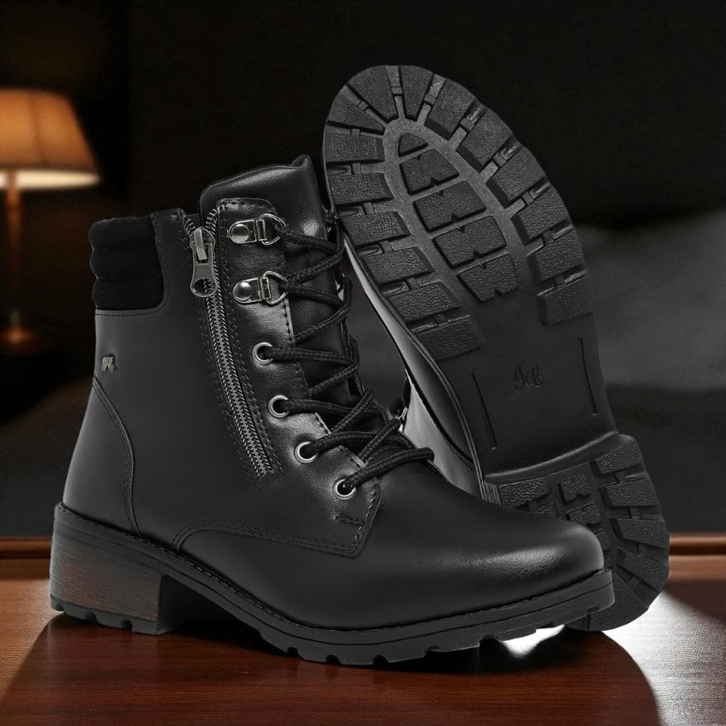 Bota Coturno Feminino Casual Detalhe em Camurça e Zíper Lateral