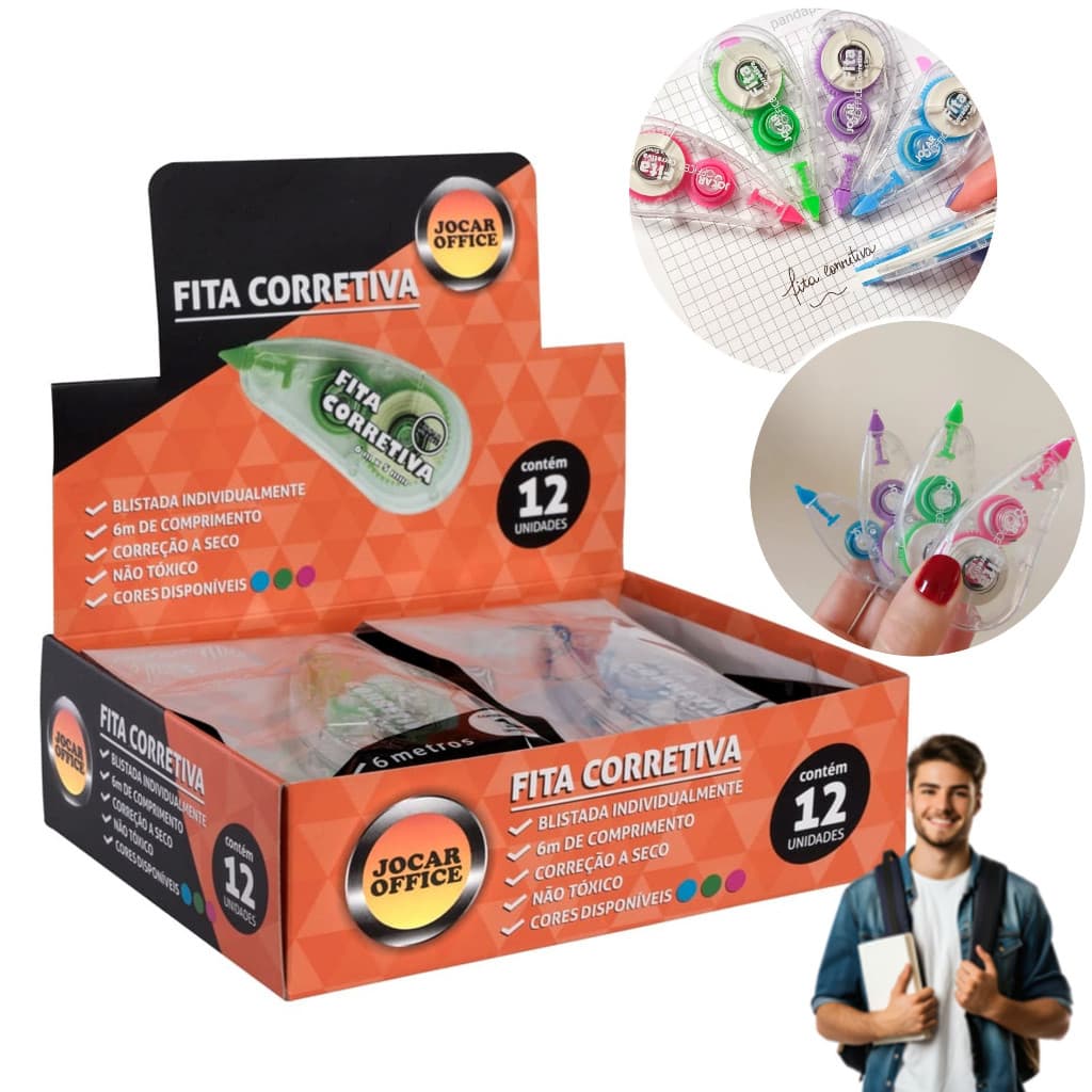 Kit 12 Fita Corretiva Branquinho Escolar 6 Metros Escritório