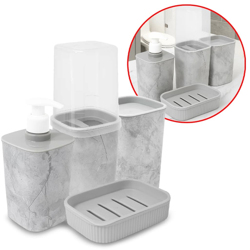 Kit Higiene Banheiro 4 Peças Porta Sabonete Líquido Saboneteira Copo Escova Cinza Mármore Plasútil