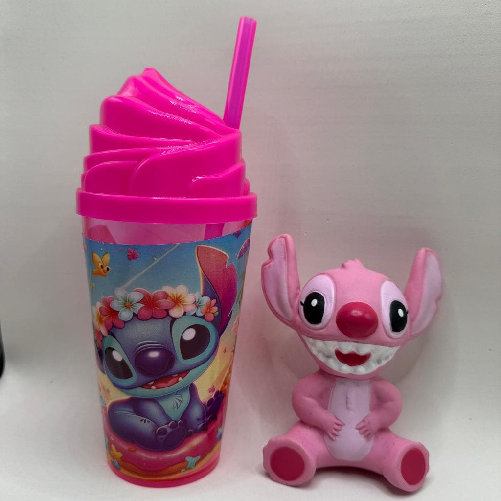 Kit Boneco Stitch Rosa + Copo com Canudo 400ml