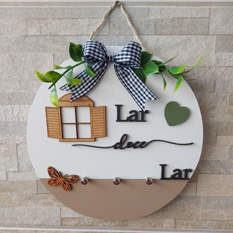 Porta Chaves de parede com corda lar doce lar em madeira 22cm