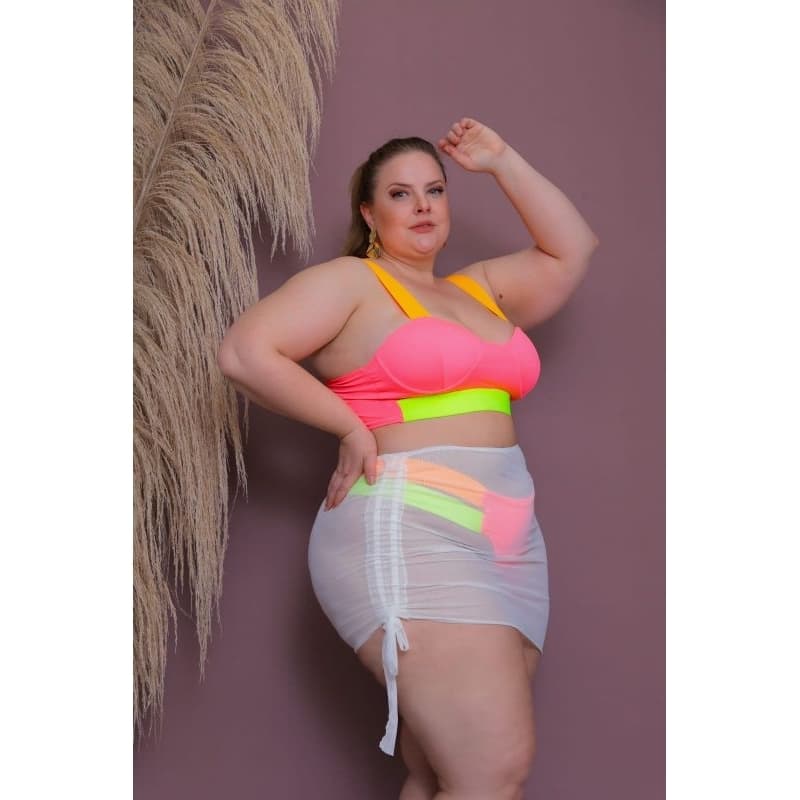 Saida de praia mini saia plus size com drapiado em tule