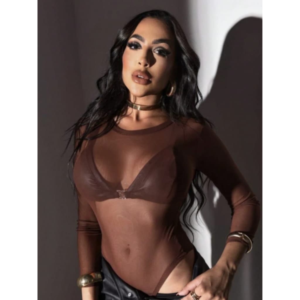 Body De Tule  Marrom Transparente Feminino Moda Festa Manga Longa