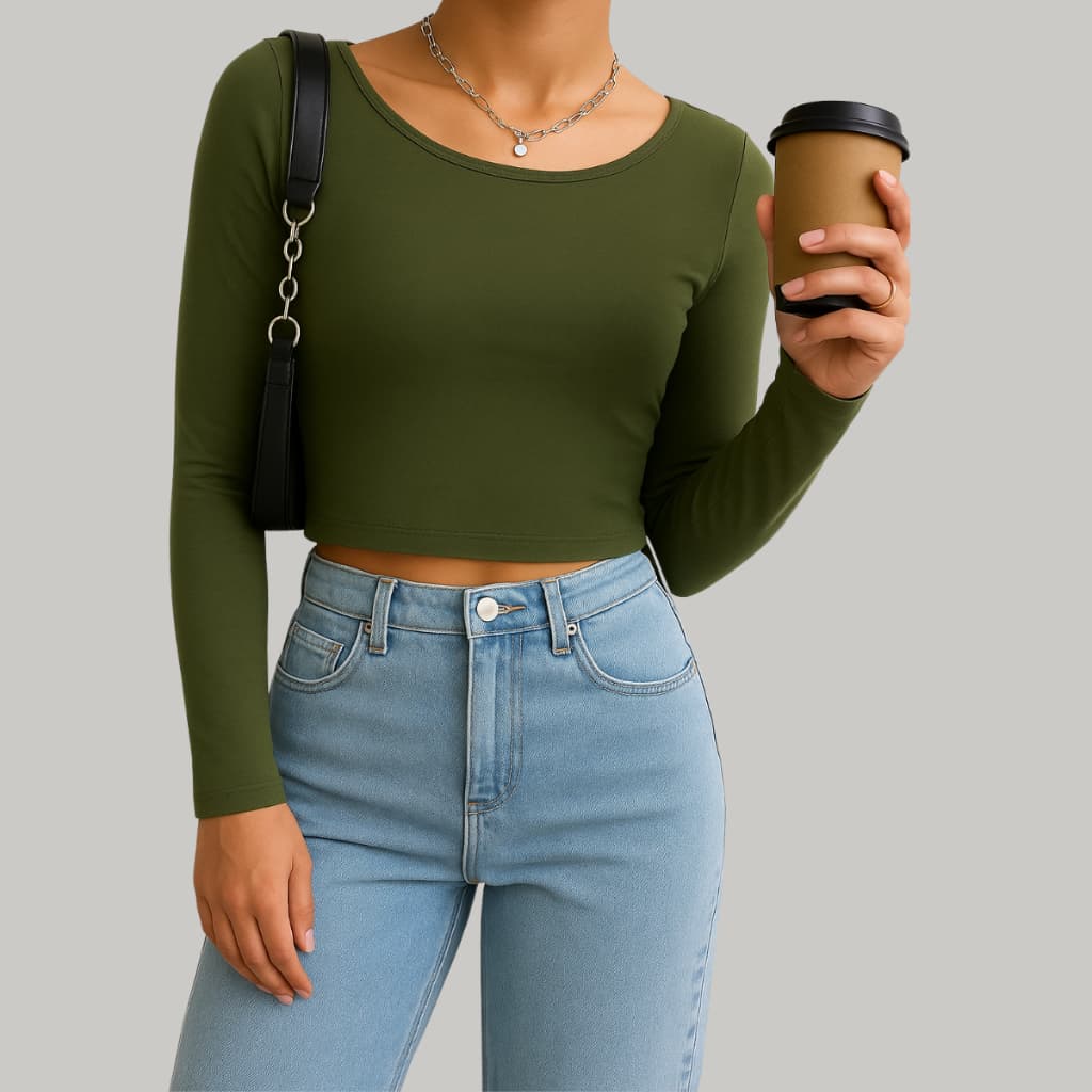 blusa manga longa suplex com forro gola U cropped feminino outono inverno