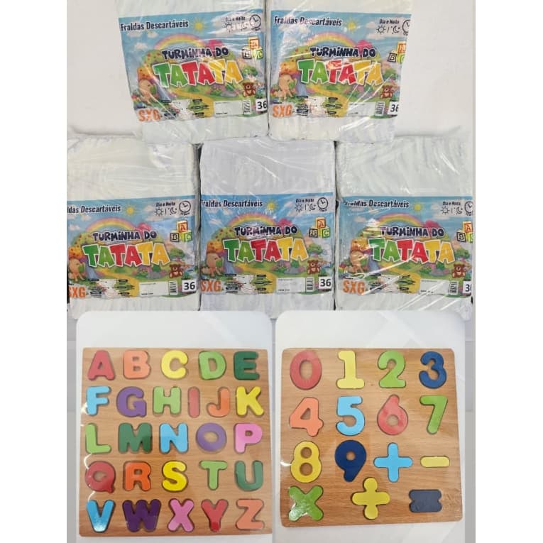 5 Pacotões Fraldas Infantil Ultra Absorção + Brinquedo Didático em madeira (P - 200 un - M - 200 un - G - 200 un - GG