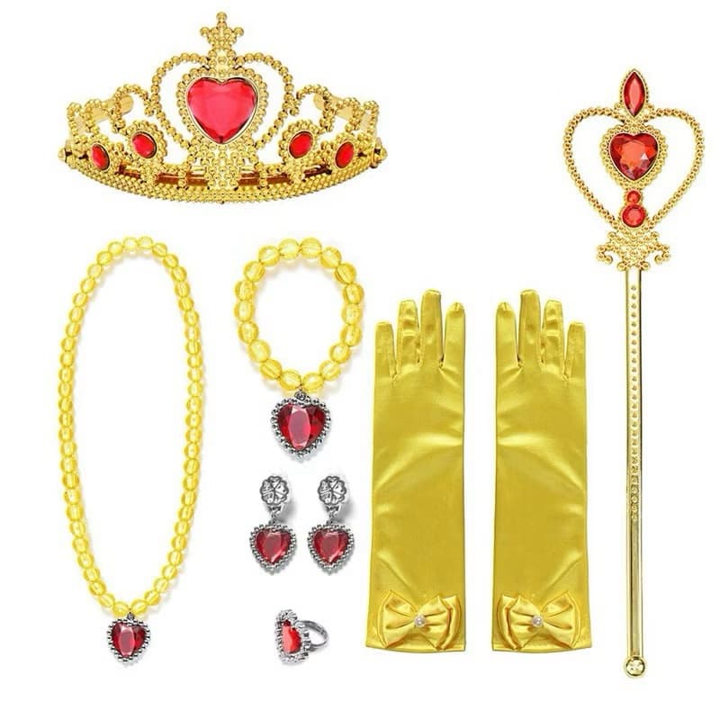 Kit Acessório Festa Beleza Amarelo Princesa Bela com 06 peças - tiara/coroa, varinha, luvas, anel, colar e brincos