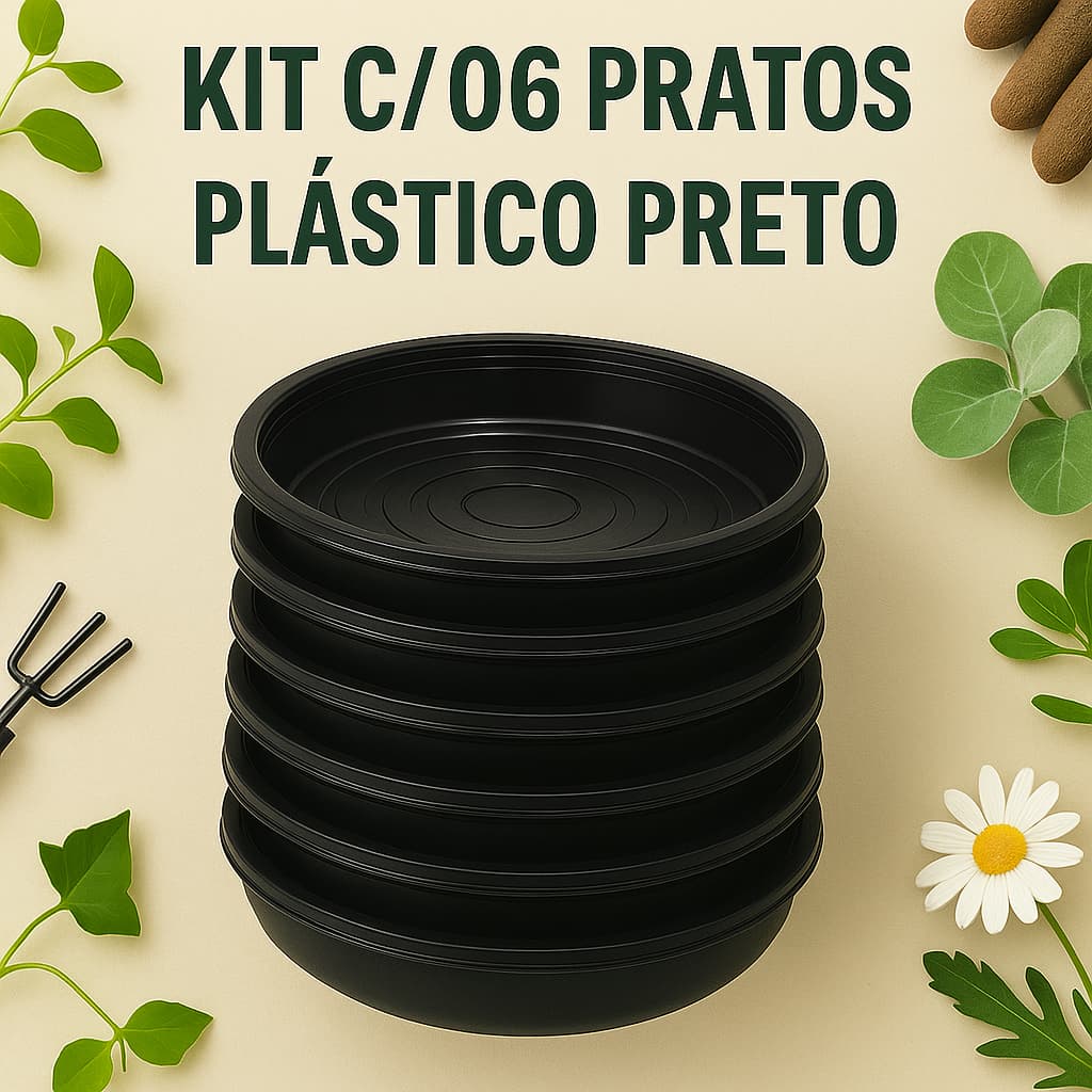 Kit 06 Pratos Plastico Preto - Para Vasos de Plantas Pequenos, Médios e Grandes