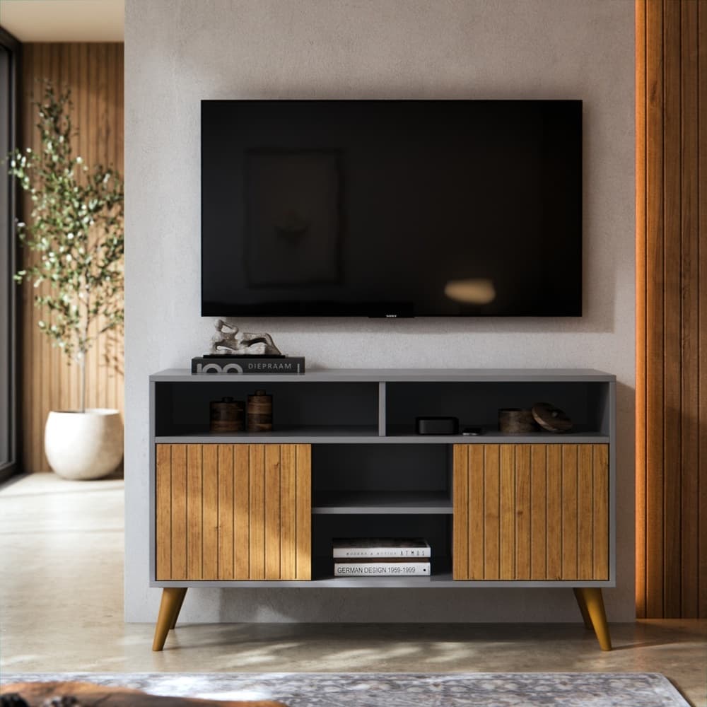 Rack de Tv Para Sala com Portas e Nicho Pés Retrô