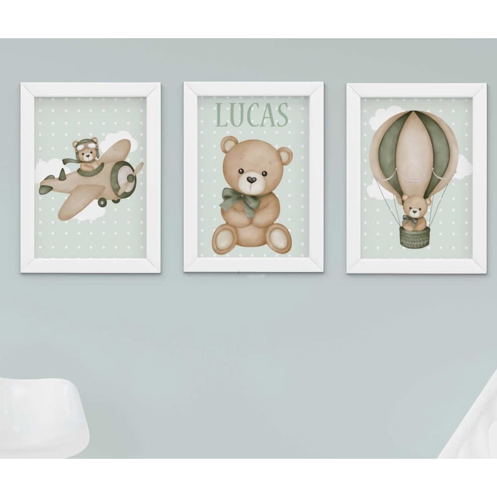 Quadro Decorativo Infantil Menino Urso Aviador Verde Nome Personalizado Maternidade