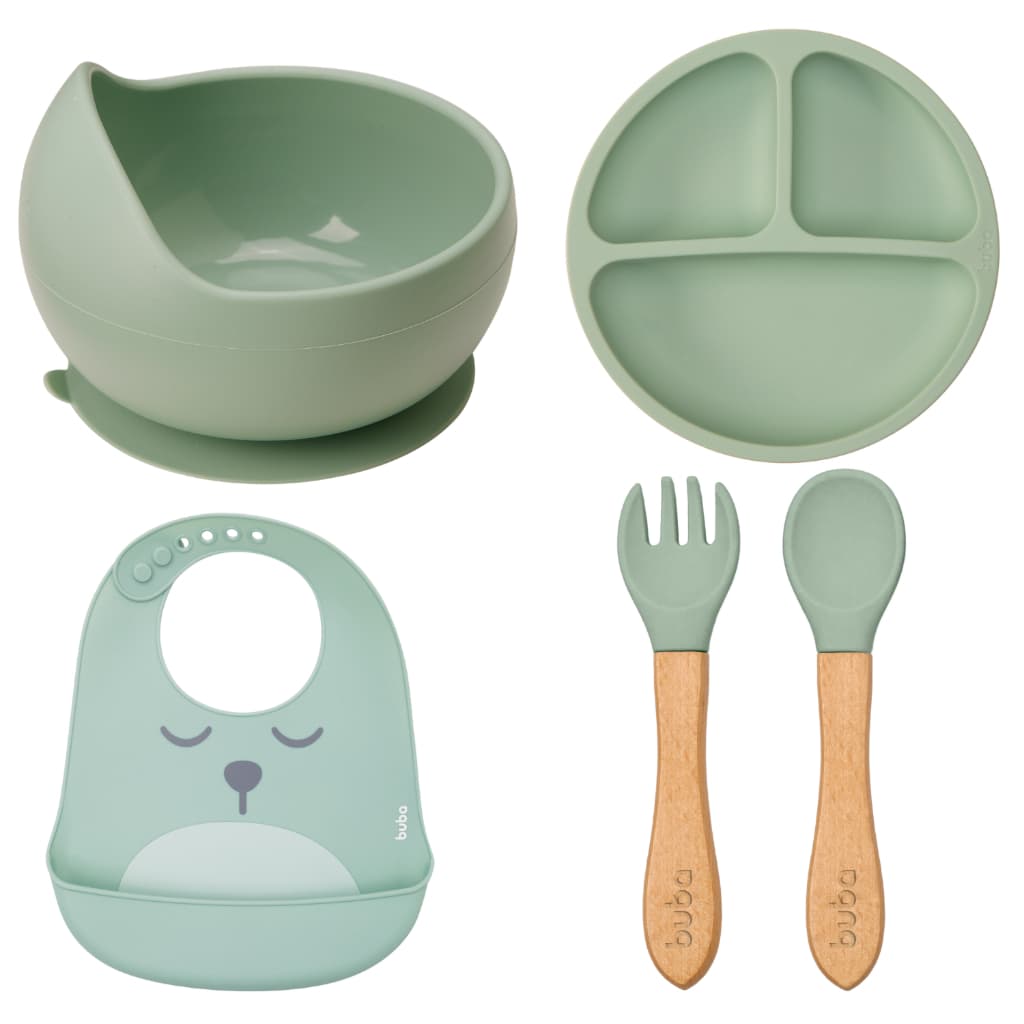 Kit Buba Prato Bowl Babador Talheres Silicone Bambu Bebê