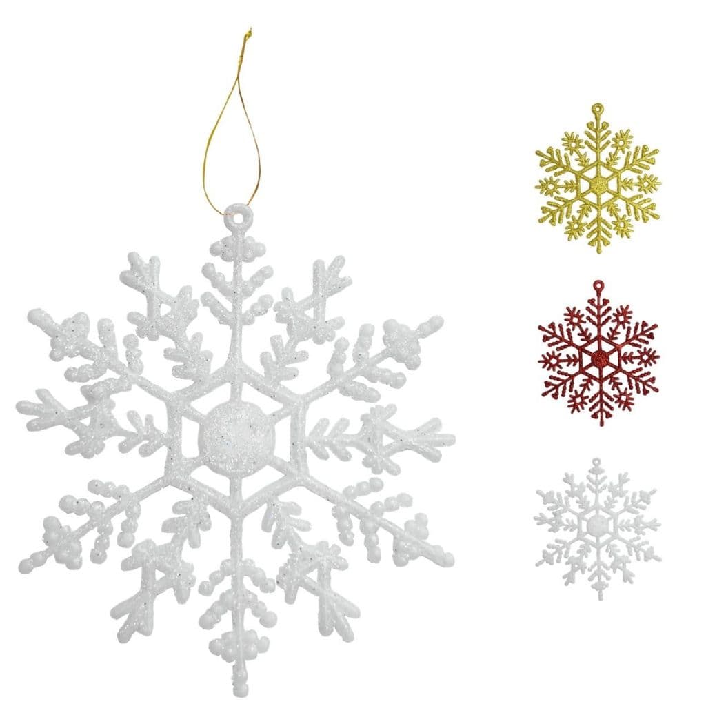 Flocos De Neve 10 Pingentes Grande C/ Glitter Decoração Enfeite Árvore Natal Branco/Vermelho/Dourado