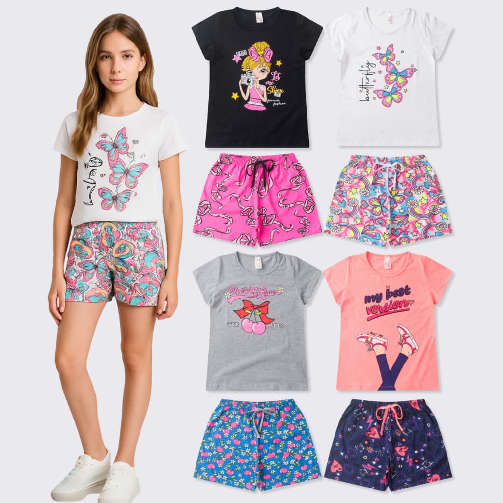 Kit 4 Conjunto Shorts Juvenil Roupa Menina 10 A 16 Algodão