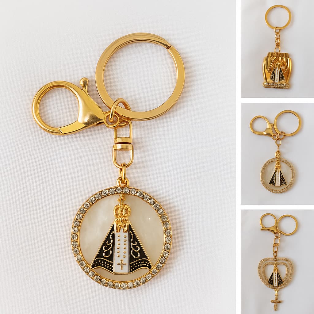 Chaveiro Nossa Senhora Aparecida Com Strass - Religioso Em Metal Dourado Lembrancinha Presente