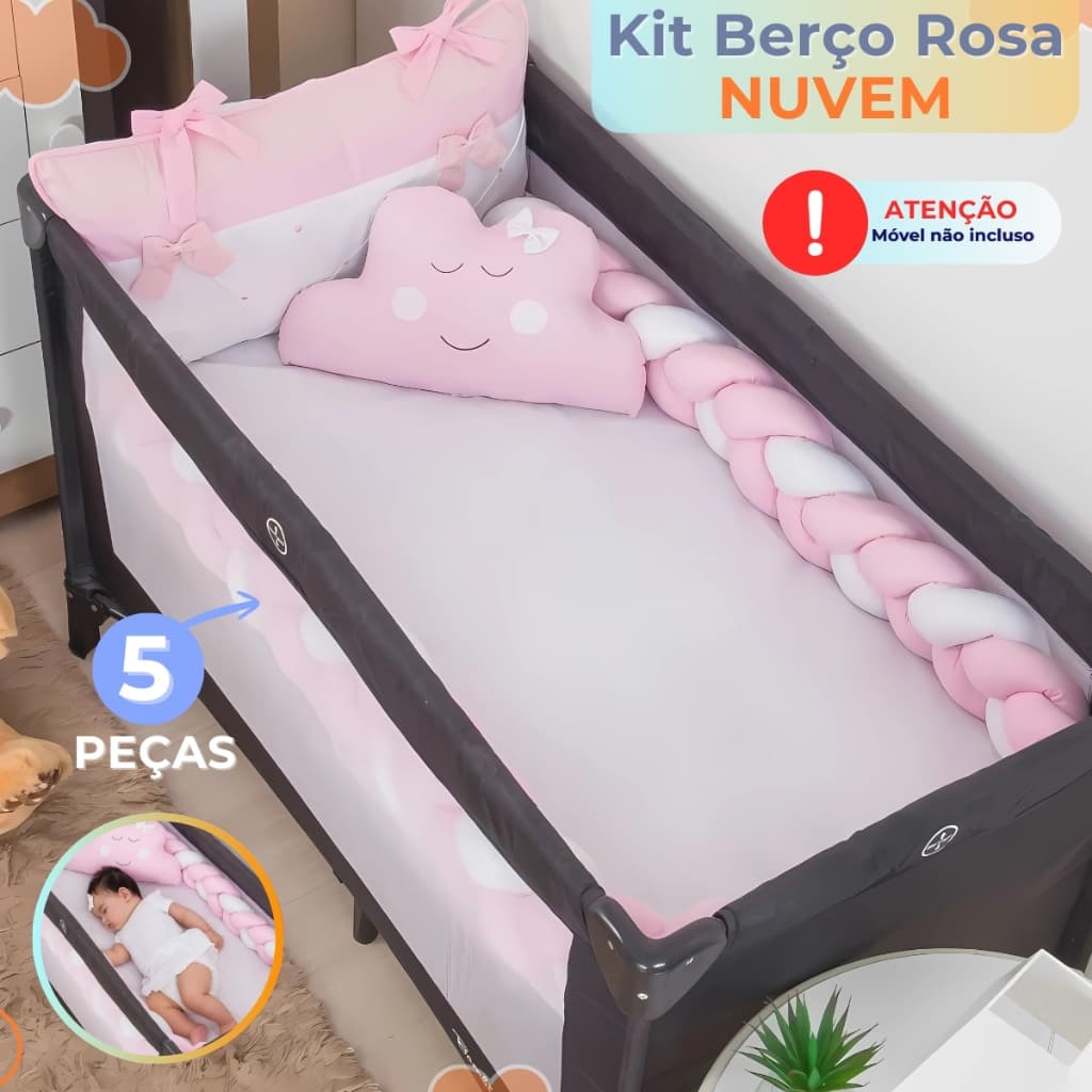 Kit Berço Cercado Chiqueirinho Portátil para Meninas Rosa com Estampa de Nuvem Confortável