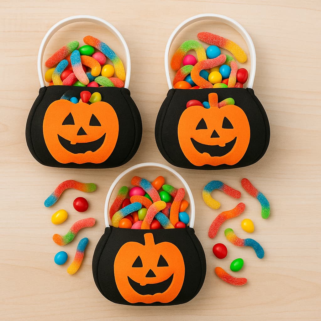 Kit 3 Cestinhas Halloween Infantil Doce ou Travessura Bruxa Abóbora Aplique 3D Festas Temáticas