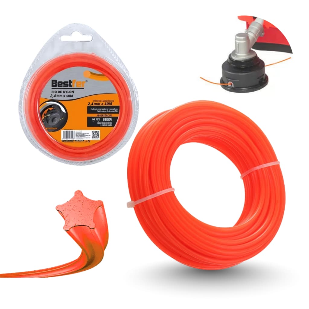 Fio de Nylon Para Roçadeira Estrela 2mm 10 Metros Laranja fio cortador de grama mato