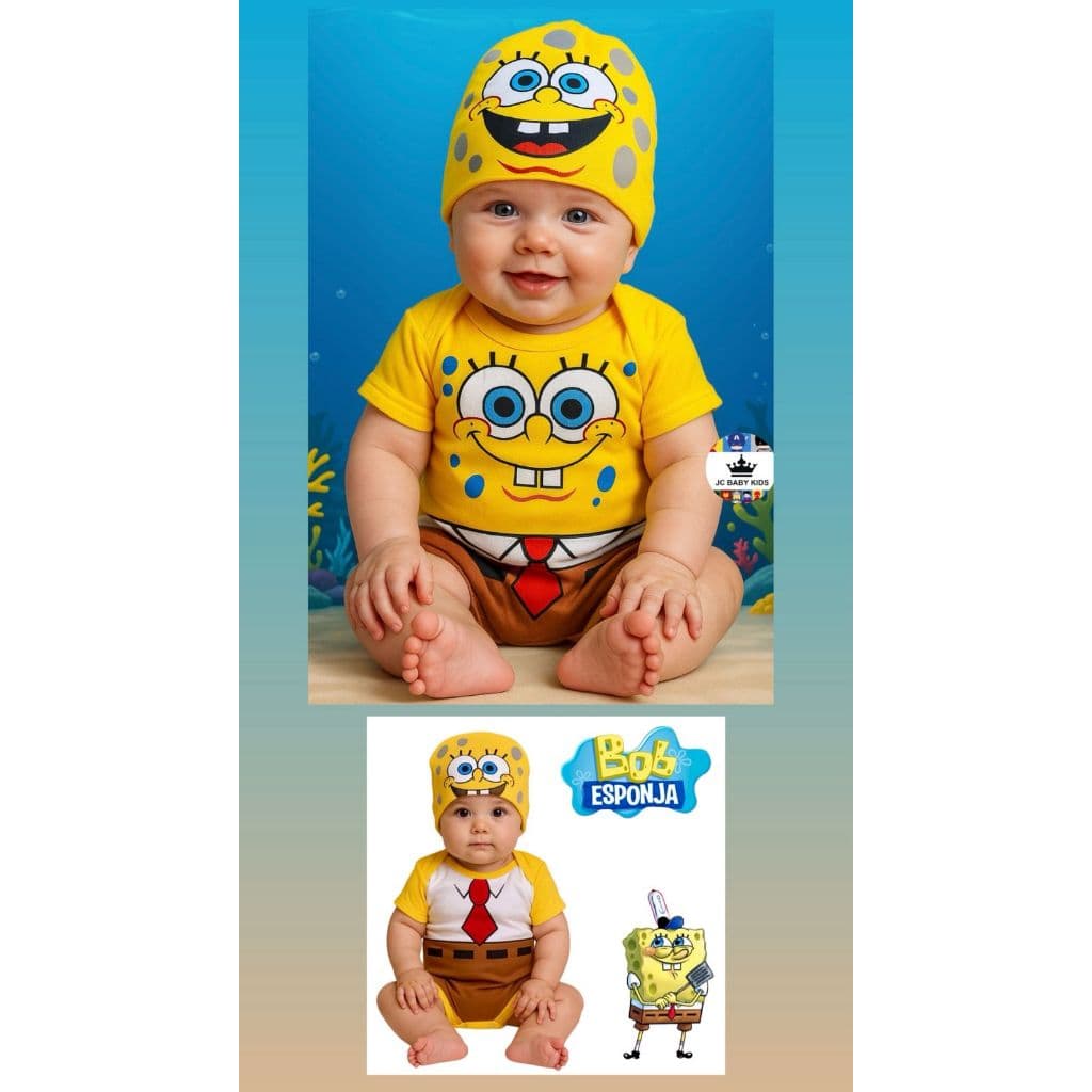 Body bebê Bob Esponja Body Temático para mesversario Calça Quadrada Fantasia para  bebê Roupa de desenho Body Unissex