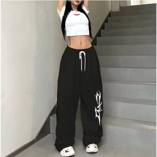 Calça de Moletom Streetwear Wide Leg Moderna Básica Flanelada Escritos Góticos