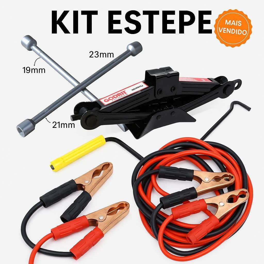 Kit Estepe Automotivo Chave de Roda Cruz + Macaco Sanfona 1T + Cabo de Chupeta Reforçado