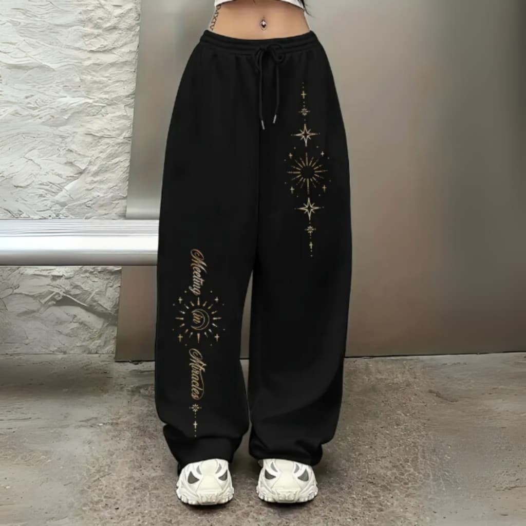 Calça Estilosa Streetwear Modelo Wide Leg Estilo Invernal Estampado Estrelas