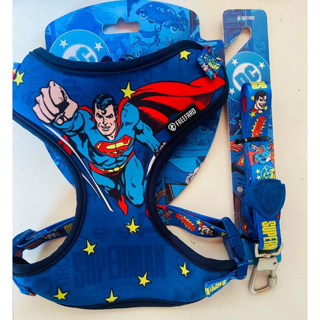 Conjunto Peitoral + Guia Para Cachorros Freefaro Super Man Classic DC Comics