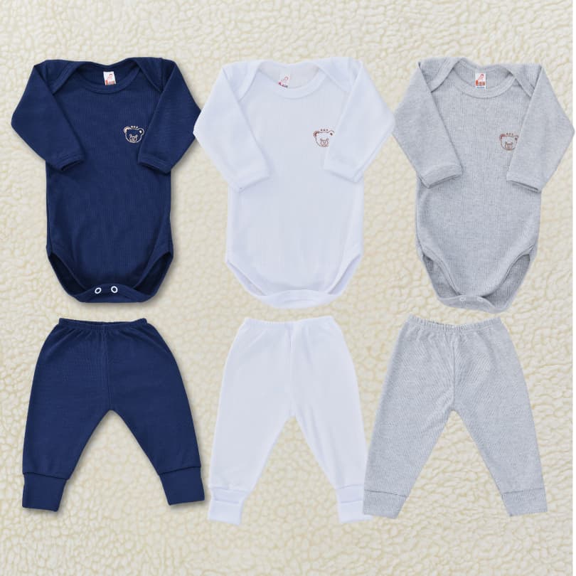 Conjunto Body e Calça Kit 2 Peças Bebê Manga Longa Ribana Algodão Unissex Frio Inverno