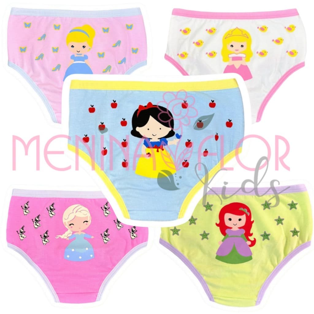 Lindas Calcinhas Infantis das Princesas 5  Peças Malha Algodão Com Forro. Original e Frete Gratis