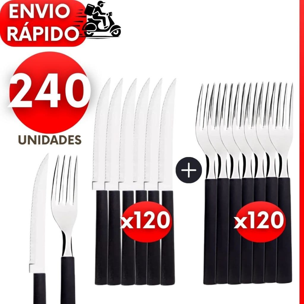 Kit 240 ou 72 Talheres Garfos Facas de Inox Cabo Preto para Churrasco Jantar Bares e Restaurante