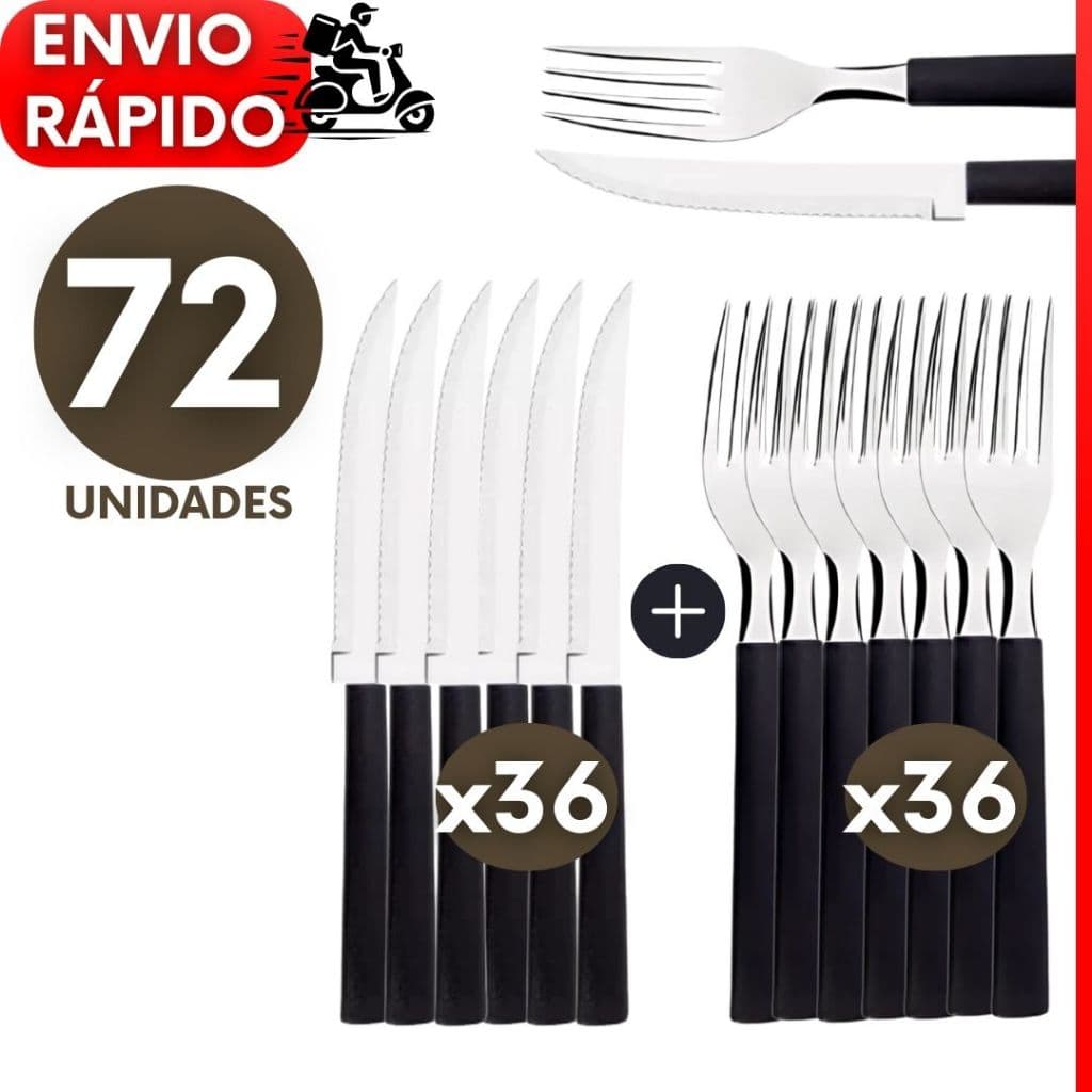 Kit 72, 36 ou 18 Talheres Garfos Facas de Inox Cabo Preto para Churrasco Jantar Bares e Restaurante