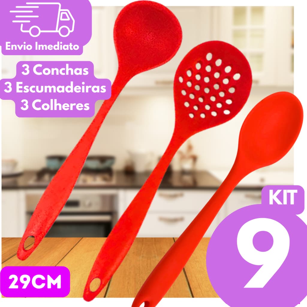 Kit 9 Peças Utensílios de Silicone Cozinha Profissional 3 Escumadeira 3 Concha 3 Colher Resistentes
