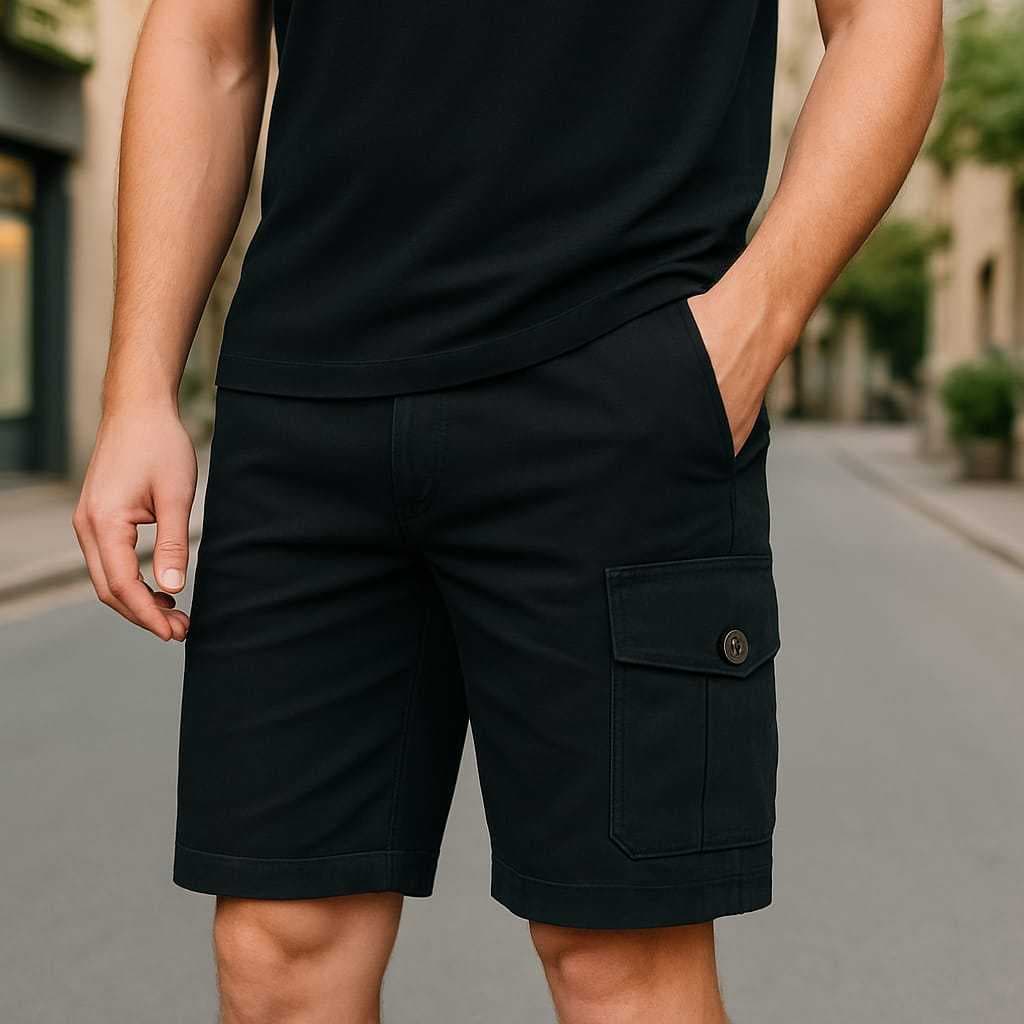 Bermuda Masculina Preta e Bege Cargo De Brim 6 Bolsos