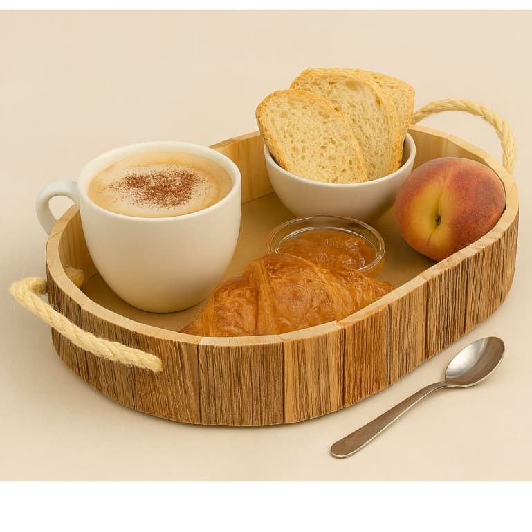 Bandeja Oval de Madeira Artesanal com Alça de Corda para Café da Manhã