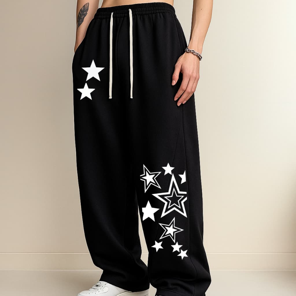 Calça de Moletom Streetwear Wide Leg Moderna Básica Flanelada Estrelas Diversas