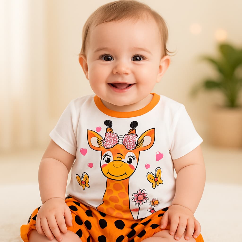 Conjunto Bebê Menina 3 a 9 Meses Camiseta e Short Girafa Roupinha Infantil Confortável e Estiloso